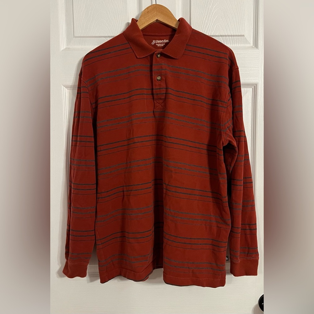 St. John’s Bay Men’s Medium Long Sleeve Sueded Polo Red And Gray Striped